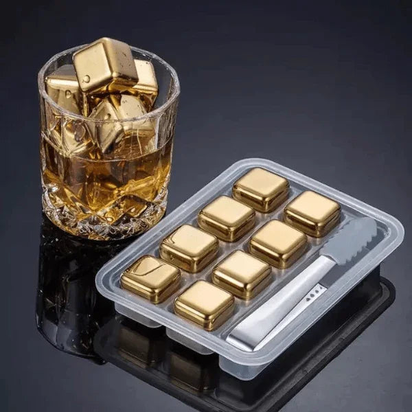 Cubos de Gelo Aço Inox Dourado – Conjunto com Pegador Elegante