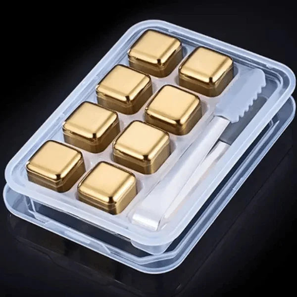 Cubos de Gelo Aço Inox Dourado – Conjunto com Pegador Elegante