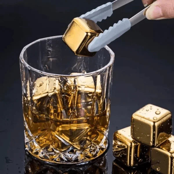Cubos de Gelo Aço Inox Dourado – Conjunto com Pegador Elegante