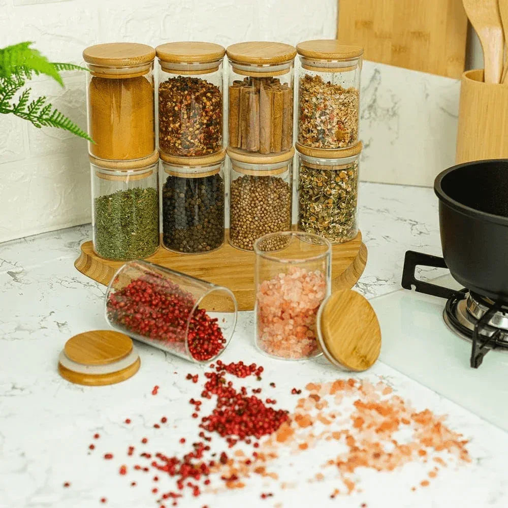 Kit 10 Potes de Vidro Redondo de Bambu
